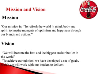 "Our mission is: “To refresh the world in mind, body and
spirit, to inspire moments of optimism and happiness through
our brands and actions.”
Mission
“We will become the best and the biggest anchor bottler in
the world”
"To achieve our mission, we have developed a set of goals,
which we will work with our bottlers to deliver:
Vision
 