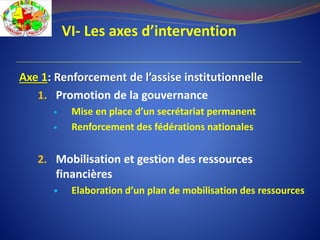 VI- Les axes d’intervention
Axe 1: Renforcement de l’assise institutionnelle
1. Promotion de la gouvernance
 Mise en place d’un secrétariat permanent
 Renforcement des fédérations nationales
2. Mobilisation et gestion des ressources
financières
 Elaboration d’un plan de mobilisation des ressources
 