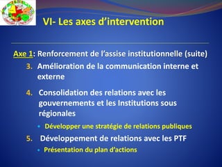 VI- Les axes d’intervention
Axe 1: Renforcement de l’assise institutionnelle (suite)
3. Amélioration de la communication interne et
externe
4. Consolidation des relations avec les
gouvernements et les Institutions sous
régionales
 Développer une stratégie de relations publiques
5. Développement de relations avec les PTF
 Présentation du plan d’actions
 