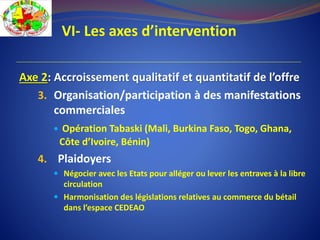 VI- Les axes d’intervention
Axe 2: Accroissement qualitatif et quantitatif de l’offre
3. Organisation/participation à des manifestations
commerciales
 Opération Tabaski (Mali, Burkina Faso, Togo, Ghana,
Côte d’Ivoire, Bénin)
4. Plaidoyers
 Négocier avec les Etats pour alléger ou lever les entraves à la libre
circulation
 Harmonisation des législations relatives au commerce du bétail
dans l’espace CEDEAO
 