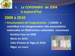 2008 à 2010
 Structuration de l’organisation: L’USAID a
contribué à la réorganisation des associations
nationales en fédérations nationales reconnues
• Burkina Faso en 2008
• Bénin en 2010
• Côte d’Ivoire et Togo en 2010
• Niger, en cours
I. La COFENABVI de 2004
à aujourd’hui
 