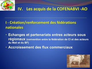 IV. Les acquis de la COFENABVI -AO
I - Création/renforcement des fédérations
nationales
• Echanges et partenariats entres acteurs sous
régionaux (convention entre la fédération de CI et des acteurs
du Mali et du BF)
• Accroissement des flux commerciaux
 