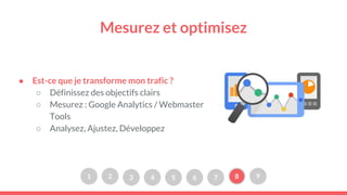 Mesurez et optimisez
● Est-ce que je transforme mon trafic ?
○ Définissez des objectifs clairs
○ Mesurez : Google Analytics / Webmaster
Tools
○ Analysez, Ajustez, Développez
1 2 3 4 5 6 7 8 9
 