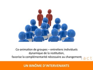 
	
  
UN	
  BINÔME	
  D’INTERVENANTS	
  	
  
Co-­‐anima4on	
  de	
  groupes	
  –	
  entre4ens	
  individuels	
  	
  
dynamique	
  de	
  la	
  res4tu4on,	
  
favorise	
  la	
  complémentarité	
  nécessaire	
  au	
  changement	
  
	
  
 