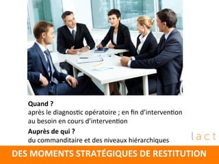DES	
  MOMENTS	
  STRATÉGIQUES	
  DE	
  RESTITUTION	
  
Quand	
  ? 	
  	
  
après	
  le	
  diagnos4c	
  opératoire	
  ;	
  en	
  ﬁn	
  d’interven4on	
  
au	
  besoin	
  en	
  cours	
  d’interven4on	
  	
  
Auprès	
  de	
  qui	
  ?	
  	
  	
  
du	
  commanditaire	
  et	
  des	
  niveaux	
  hiérarchiques	
  
 