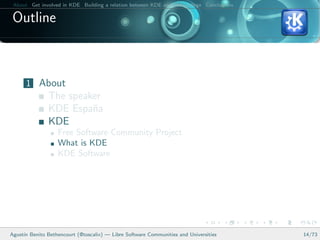 About Get involved in KDE Building a relation between KDE and your college Conclusions

 Outline



      1 About
               The speaker
               KDE Espa˜a
                        n
               KDE
                   Free Software Community Project
                   What is KDE
                   KDE Software




Agust´ Benito Bethencourt (@toscalix) — Libre Software Communities and Universities
     ın                                                                                   14/73
 