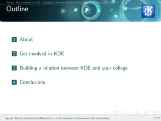 About Get involved in KDE Building a relation between KDE and your college Conclusions

 Outline


      1 About

      2 Get involved in KDE

      3 Building a relation between KDE and your college

      4 Conclusions




Agust´ Benito Bethencourt (@toscalix) — Libre Software Communities and Universities
     ın                                                                                   2/73
 