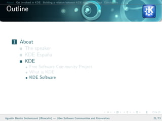 About Get involved in KDE Building a relation between KDE and your college Conclusions

 Outline



      1 About
               The speaker
               KDE Espa˜a
                        n
               KDE
                   Free Software Community Project
                   What is KDE
                   KDE Software




Agust´ Benito Bethencourt (@toscalix) — Libre Software Communities and Universities
     ın                                                                                   21/73
 