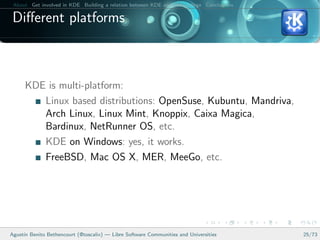 About Get involved in KDE Building a relation between KDE and your college Conclusions

 Diﬀerent platforms



      KDE is multi-platform:
         Linux based distributions: OpenSuse, Kubuntu, Mandriva,
         Arch Linux, Linux Mint, Knoppix, Caixa Magica,
         Bardinux, NetRunner OS, etc.
         KDE on Windows: yes, it works.
         FreeBSD, Mac OS X, MER, MeeGo, etc.




Agust´ Benito Bethencourt (@toscalix) — Libre Software Communities and Universities
     ın                                                                                   25/73
 