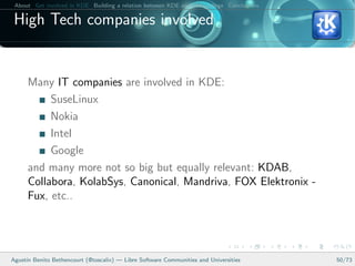 About Get involved in KDE Building a relation between KDE and your college Conclusions

 High Tech companies involved


      Many IT companies are involved in KDE:
           SuseLinux
           Nokia
           Intel
           Google
      and many more not so big but equally relevant: KDAB,
      Collabora, KolabSys, Canonical, Mandriva, FOX Elektronix -
      Fux, etc..




Agust´ Benito Bethencourt (@toscalix) — Libre Software Communities and Universities
     ın                                                                                   50/73
 