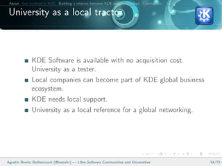 About Get involved in KDE Building a relation between KDE and your college Conclusions

 University as a local tractor



              KDE Software is available with no acquisition cost.
              University as a tester.
              Local companies can become part of KDE global business
              ecosystem.
              KDE needs local support.
              University as a local reference for a global networking.




Agust´ Benito Bethencourt (@toscalix) — Libre Software Communities and Universities
     ın                                                                                   54/73
 