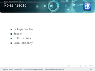 About Get involved in KDE Building a relation between KDE and your college Conclusions

 Roles needed




              College teacher.
              Student.
              KDE mentors.
              Local company.




Agust´ Benito Bethencourt (@toscalix) — Libre Software Communities and Universities
     ın                                                                                   64/73
 