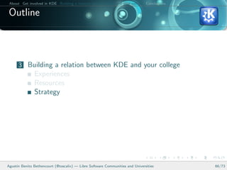 About Get involved in KDE Building a relation between KDE and your college Conclusions

 Outline



      3 Building a relation between KDE and your college
               Experiences
               Resources
               Strategy




Agust´ Benito Bethencourt (@toscalix) — Libre Software Communities and Universities
     ın                                                                                   66/73
 