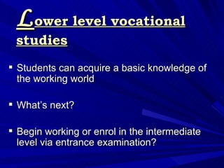 L ower level vocational studies <ul><li>Students can acquire a basic knowledge of the working world   </li></ul><ul><li>Wh...