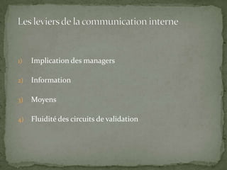 1) Implication des managers
2) Information
3) Moyens
4) Fluidité des circuits de validation
 