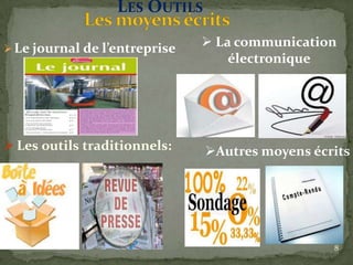 Le journal de l’entreprise
8
 Les outils traditionnels:
LES OUTILS
 La communication
électronique
Autres moyens écrits
 