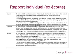 Rapport individuel (ex écoute) Majeur De votre point de vue, il est essentiel d’être réceptif et à l’écoute ce que l’autre dit et ressent. Votre objectif est d’être  empathique , mais vous prenez le risque d’être parfois  maternant(e). Face à une personne qui ne partage pas votre point de vue sur l’écoute, vous risquez de la juger  hautaine . Si vous restez bienveillant(e), vous vous rendrez compte que probablement elle cherche juste à être  pragmatique . Il est parfois contre productif de forcer la préservation des personnes et des systèmes. Vous gagneriez peut-être à considérer qu’il faut aussi parfois éviter de se laisser envahir par les problèmes des autres et garder la tête froide. Equilibré De votre point de vue, s’il est important d’être réceptif et à l’écoute ce que l’autre dit et ressent, vous savez qu’il  faut éviter de se laisser envahir par les problèmes des autres et garder la tête froide. En fonction des situations et de vos ressentis, vous savez vous montrer  empathique  sans être  maternant(e),  mais aussi  pragmatique  sans être  hautain(e). Mineur De votre point de vue, il est essentiel d’éviter de se laisser envahir par les problèmes des autres et garder la tête froide. Votre objectif est d’être  pragmatique , mais vous prenez le risque d’être considéré comme  hautain(e). Face à une personne qui ne partage pas votre point de vue sur l’écoute, vous risquez de la juger  maternante . Si vous restez bienveillant(e), vous vous rendrez compte que probablement elle cherche juste à être  empathique . Il est parfois contre-productif d’aller à l’encontre du besoin de préservation des personnes et des systèmes. Vous gagneriez peut être considérer aussi qu’il faut parfois être réceptif et à l’écoute ce que l’autre dit et ressent. 