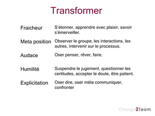 Transformer  Fraicheur S’étonner, apprendre avec plaisir, savoir s’émerveiller. Meta position Observer le groupe, les interactions, les autres, intervenir sur le processus. Audace Oser penser, rêver, faire. Humilité Suspendre le jugement, questionner les certitudes, accepter le doute, être patient. Explicitation Oser dire, oser méta communiquer, confronter  