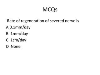 MCQs
Rate of regeneration of severed nerve is
A 0.1mm/day
B 1mm/day
C 1cm/day
D None
 