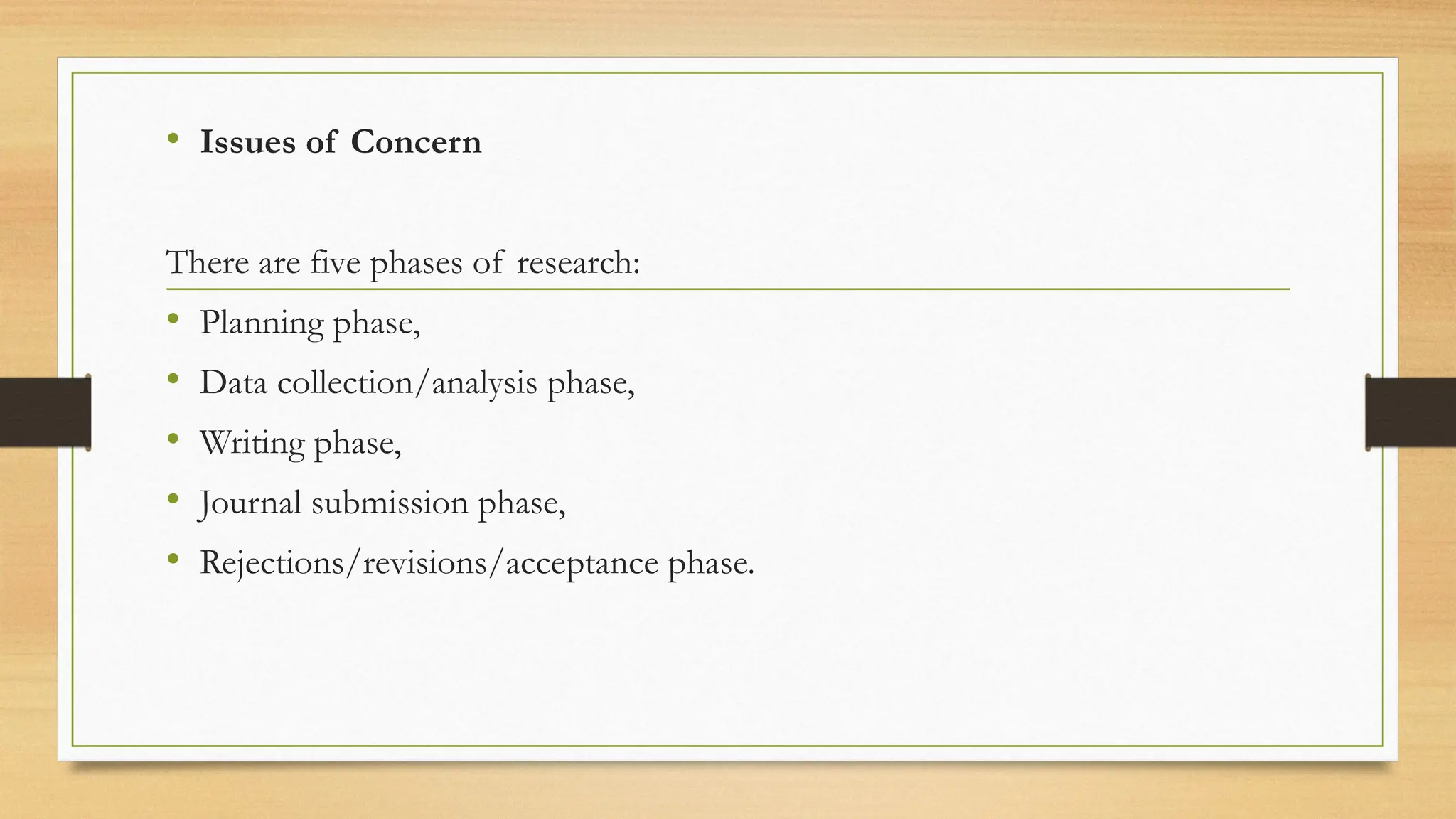 • Issues of Concern
There are five phases of research:
• Planning phase,
• Data collection/analysis phase,
• Writing phase,
• Journal submission phase,
• Rejections/revisions/acceptance phase.
 