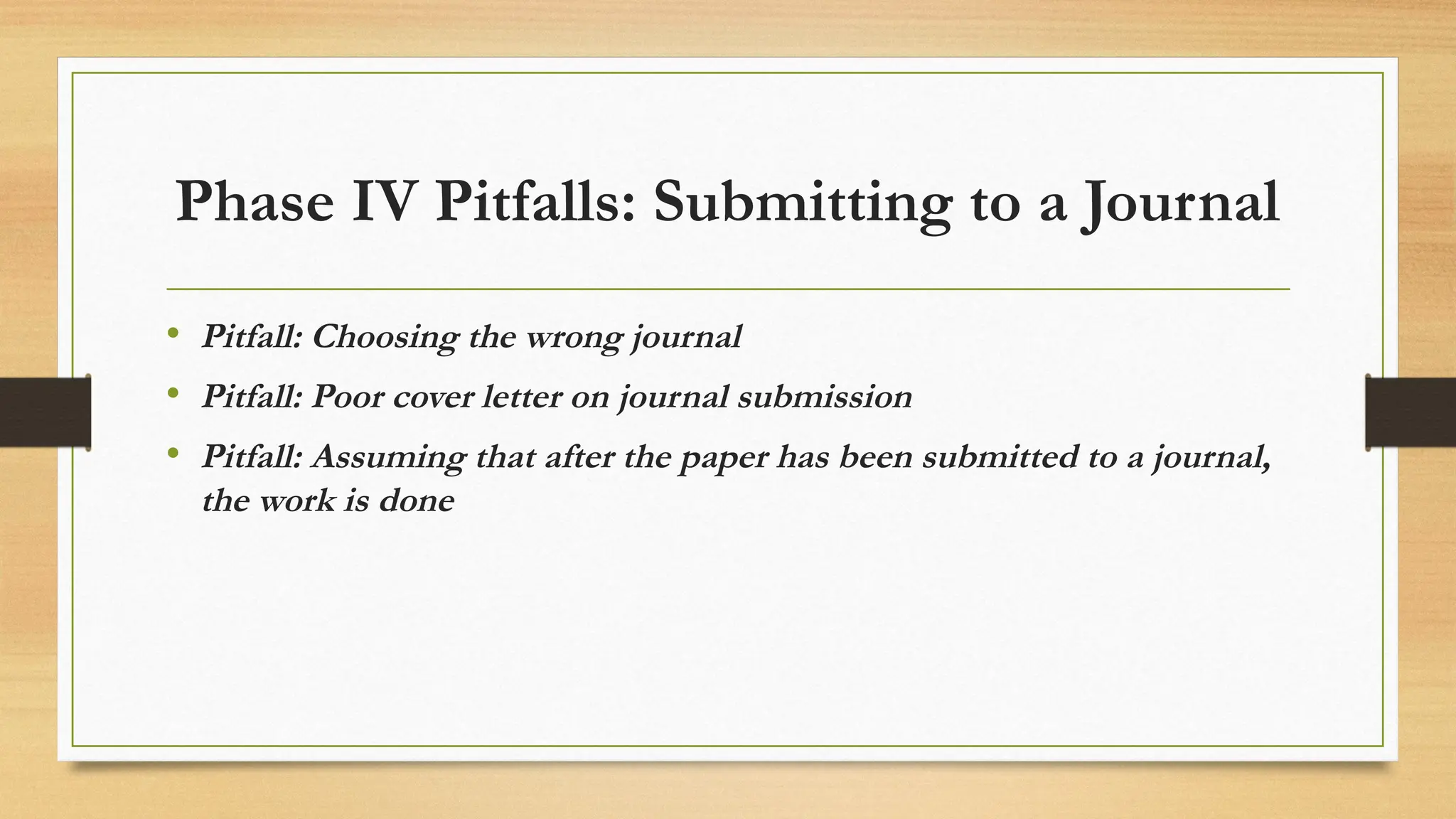 Phase IV Pitfalls: Submitting to a Journal
• Pitfall: Choosing the wrong journal
• Pitfall: Poor cover letter on journal submission
• Pitfall: Assuming that after the paper has been submitted to a journal,
the work is done
 