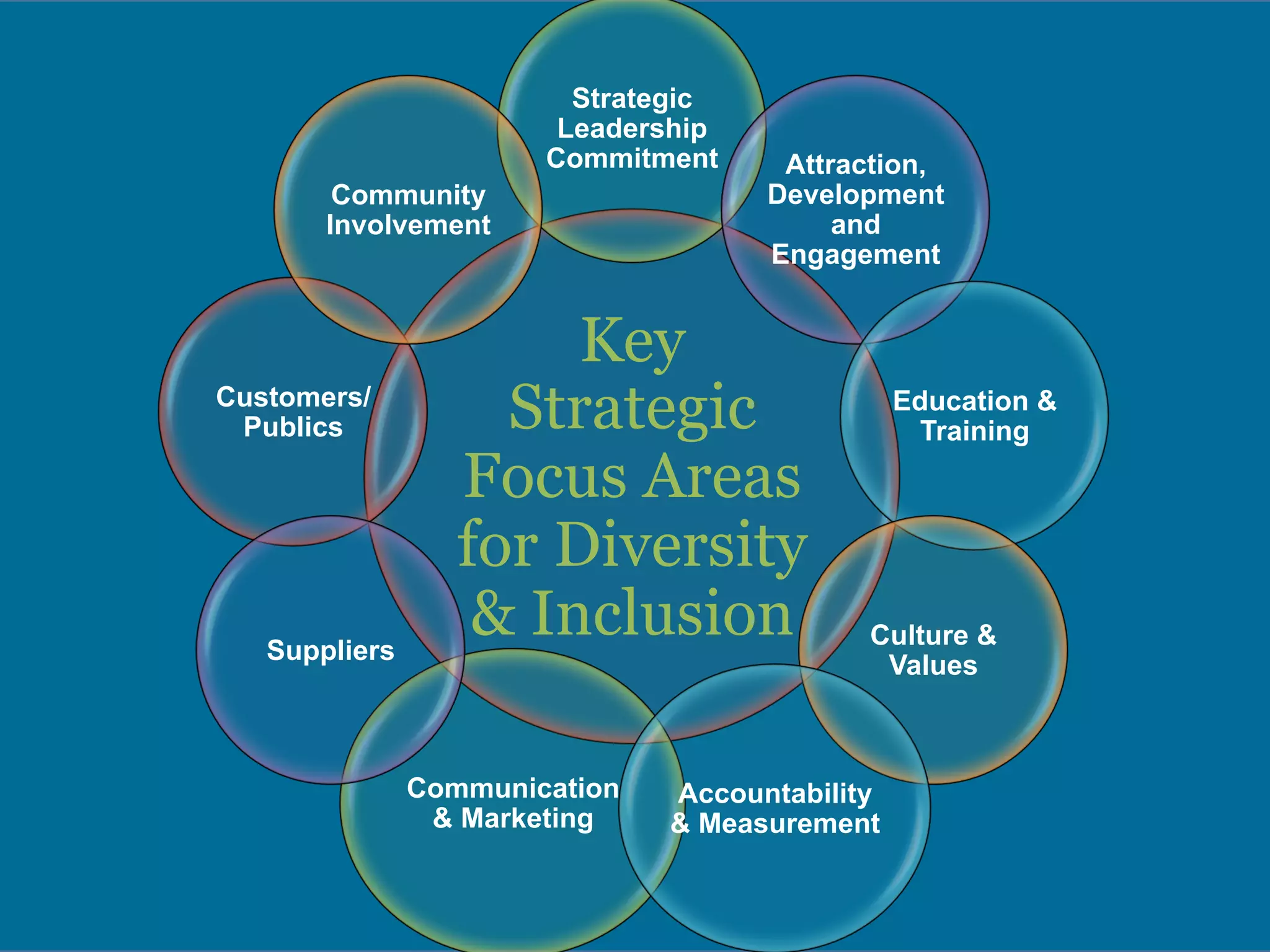 Key
Strategic
Focus Areas
for Diversity
& Inclusion
Strategic
Leadership
Commitment Attraction,
Development
and
Engagement
Education &
Training
Culture &
Values
Customers/
Publics
Communication
& Marketing
Suppliers
Accountability
& Measurement
Community
Involvement
 