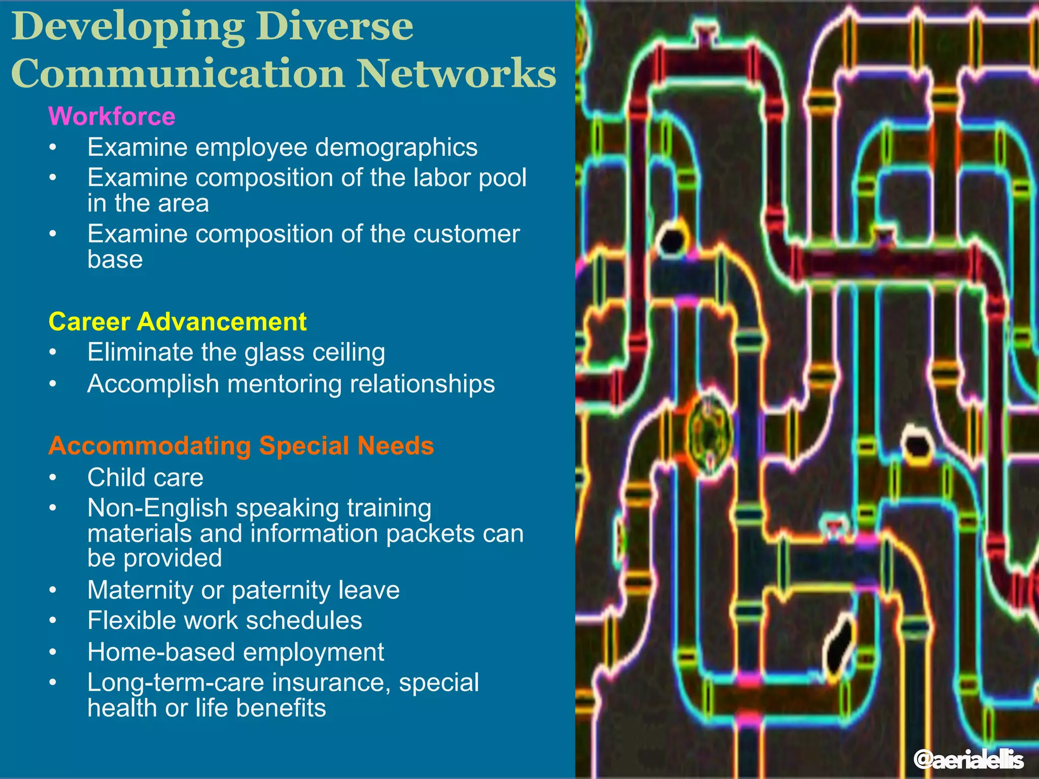 Workforce
•  Examine employee demographics
•  Examine composition of the labor pool
in the area
•  Examine composition of the customer
base
Career Advancement
•  Eliminate the glass ceiling
•  Accomplish mentoring relationships
Accommodating Special Needs
•  Child care
•  Non-English speaking training
materials and information packets can
be provided
•  Maternity or paternity leave
•  Flexible work schedules
•  Home-based employment
•  Long-term-care insurance, special
health or life benefits
Developing Diverse
Communication Networks
@aerialellis
 