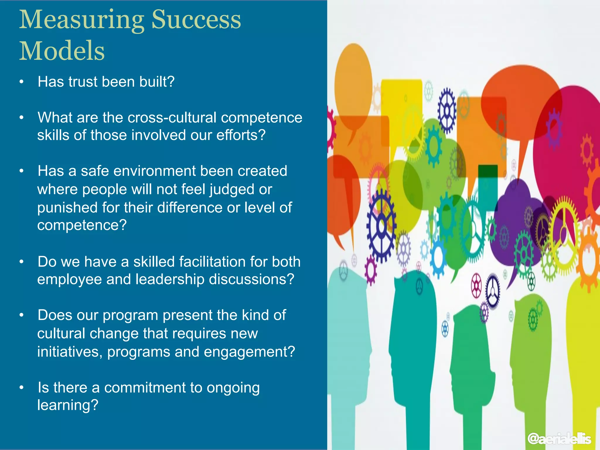 21	
  
HOW	
  DO	
  WE	
  MEASURE	
  SUCCESS?	
  
• 	
  Organiza)onal	
  composi)on	
  
–  Workforce	
  demographics	
  vs.	
  RCLF/CLF	
  
–  Analysis	
  of	
  promo9ons,	
  separa9ons,	
  hiring…	
  
	
  
• 	
  Organiza)onal	
  culture	
  
–  Climate/employee	
  surveys	
  
–  EEO	
  complaints,	
  grievances,	
  disciplinary	
  ac9ons	
  
• Organiza)onal	
  performance	
  
–  Line	
  of	
  business	
  objec9ves	
  
–  Outcome	
  metrics:	
  quality,	
  service	
  level,	
  eﬃciency	
  
	
  
Correlate:	
  Establish	
  baseline	
  in	
  year	
  1,	
  then	
  correlate	
  annually	
  thereaXer	
  to	
  
gauge	
  progress.	
  
What	
  is	
  being	
  measured	
  at	
  your	
  company?	
  Are	
  
managers	
  being	
  rated	
  on	
  D&I	
  ini9a9ves,	
  such	
  
as	
  recruitment	
  and	
  advancement	
  of	
  
underrepresented	
  groups?	
  Are	
  compensa9on	
  
and	
  promo9on	
  9ed	
  to	
  achieving	
  D&I	
  
objec9ves?	
  In	
  order	
  to	
  meet	
  diversity	
  
objec9ves,	
  what	
  is	
  being	
  measured	
  must	
  be	
  
meaningful	
  from	
  the	
  perspec9ve	
  of	
  both	
  the	
  
company’s	
  diversity	
  and	
  business	
  objec9ves.	
  	
  
•  Has trust been built?
•  What are the cross-cultural competence
skills of those involved our efforts?
•  Has a safe environment been created
where people will not feel judged or
punished for their difference or level of
competence?
•  Do we have a skilled facilitation for both
employee and leadership discussions?
•  Does our program present the kind of
cultural change that requires new
initiatives, programs and engagement?
•  Is there a commitment to ongoing
learning?
	
  
Measuring Success
Models
@aerialellis
 