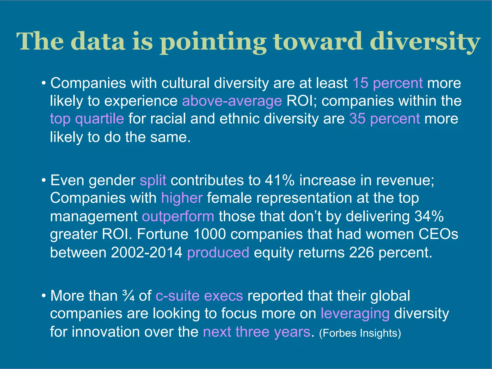 The data is pointing toward diversity
• Companies with cultural diversity are at least 15 percent more
likely to experience above-average ROI; companies within the
top quartile for racial and ethnic diversity are 35 percent more
likely to do the same.
• Even gender split contributes to 41% increase in revenue;
Companies with higher female representation at the top
management outperform those that don’t by delivering 34%
greater ROI. Fortune 1000 companies that had women CEOs
between 2002-2014 produced equity returns 226 percent.
• More than ¾ of c-suite execs reported that their global
companies are looking to focus more on leveraging diversity
for innovation over the next three years. (Forbes Insights)
	
  
	
  
 