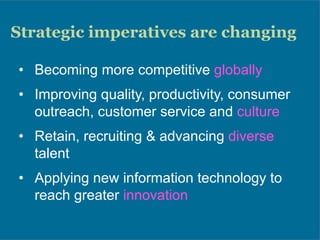 Strategic imperatives are changing
•  Becoming more competitive globally
•  Improving quality, productivity, consumer
outreach, customer service and culture
•  Retain, recruiting & advancing diverse
talent
•  Applying new information technology to
reach greater innovation
 