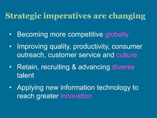 Strategic imperatives are changing
•  Becoming more competitive globally
•  Improving quality, productivity, consumer
outr...