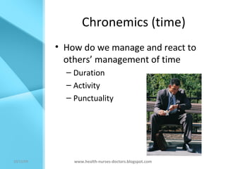 Chronemics (time) How do we manage and react to others’ management of time Duration Activity Punctuality  www.health-nurses-doctors.blogspot.com 08/06/09 