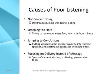 Causes of Poor Listening Not Concentrating Daydreaming, mind wandering, dozing Listening too Hard Trying to remember every fact, no matter how minute Jumping to Conclusions Putting words into the speakers mouth; interrupting speaker, anticipating what speaker will say/do next Focusing on Delivery Instead of Message Speaker’s accent, clothes, stuttering, presentation tools  www.health-nurses-doctors.blogspot.com 08/06/09 