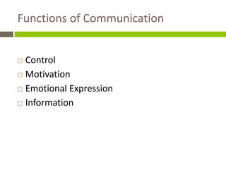 Functions of Communication


 Control
 Motivation

 Emotional Expression

 Information
 