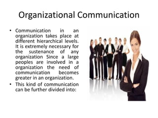 Organizational Communication
• Communication in an
organization takes place at
different hierarchical levels.
It is extremely necessary for
the sustenance of any
organization Since a large
peoples are involved in a
organization the need of
communication becomes
greater in an organization.
• This kind of communication
can be further divided into:
 