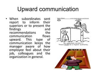 Upward communication
• When subordinates sent
report to inform their
superiors or to present the
findings and
recommendations the
communication flows
upward. This type of
communication keeps the
manager aware of how
employee feel about their
job, colleagues and the
organization in general.
 