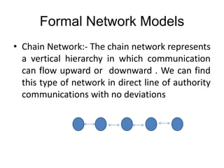 Formal Network Models
• Chain Network:- The chain network represents
a vertical hierarchy in which communication
can flow upward or downward . We can find
this type of network in direct line of authority
communications with no deviations
 