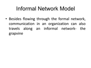 Informal Network Model
• Besides flowing through the formal network,
communication in an organization can also
travels along an informal network- the
grapvine
 