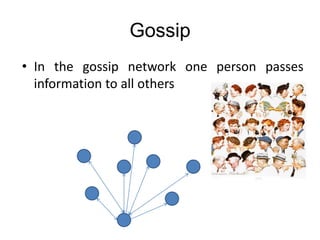 Gossip
• In the gossip network one person passes
information to all others
 