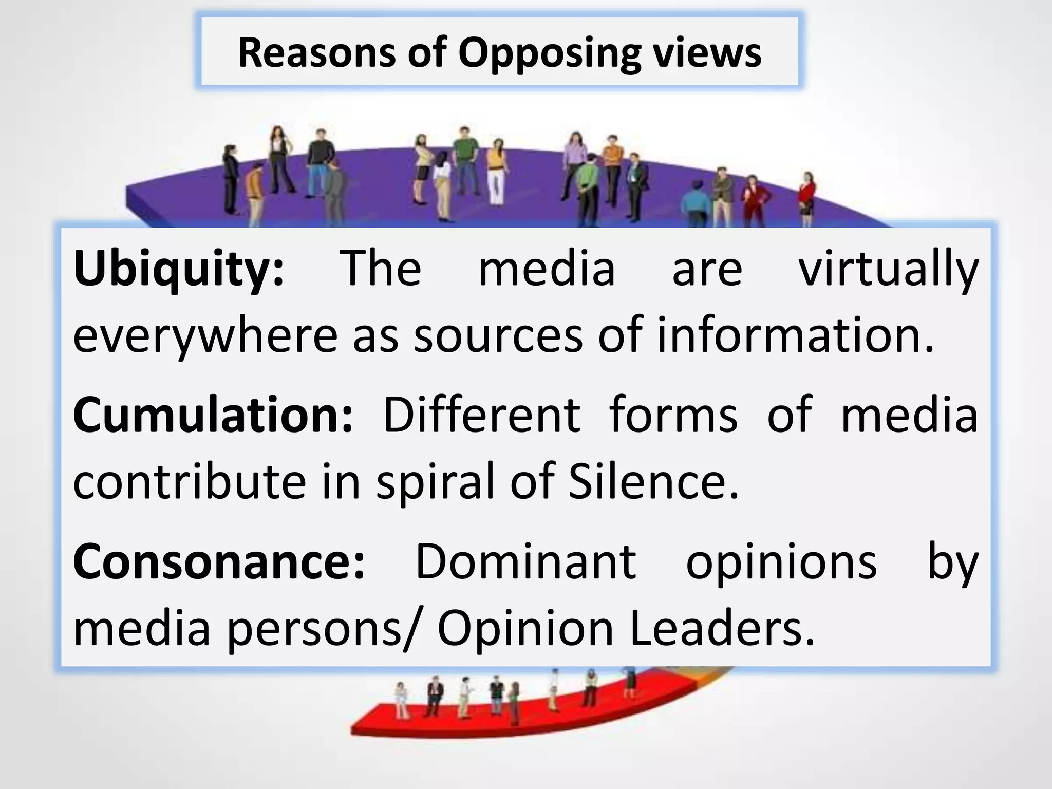 Ubiquity: The media are virtually
everywhere as sources of information.
Cumulation: Different forms of media
contribute in spiral of Silence.
Consonance: Dominant opinions by
media persons/ Opinion Leaders.
Reasons of Opposing views
 