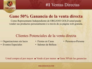 #1 Ventas Directas

        Gane 50% Ganancia de la venta directa
         Como Representante Independiente de ORGANO GOLD usted puede
        vender sus productos personalmente ó a través de su página web gratuita.



              Clientes Potenciales de la venta directa
• Organizaciones sin lucro       • Fiestas en Casas             • Persona-a-Persona
• Eventos Especiales             • Salones de Belleza




    Usted compra al por mayor   ●   Vende al por menor   ●   Gana 50%de las ganancias
 