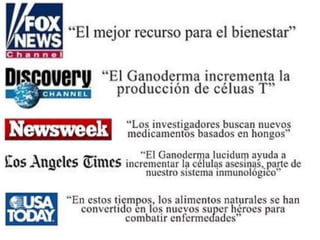 Algunos de sus efectos son…

Regula el organismo
Retrasa el envejecimiento
Aumenta las defensas del
sistema inmunológico
Actúa de relajante muscular
Reduce el estrés
+ de 400 Webs en internet hablan de sus
Efectos preventivos y paliativos
 