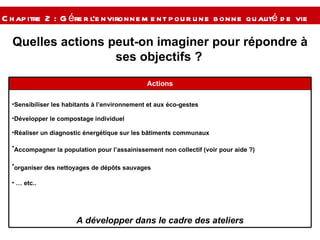Chapitre 2 : Gérer l’environnement pour une bonne qualité de vie  Quelles actions peut-on imaginer pour répondre à ses objectifs ?   Sensibiliser les habitants à l’environnement et aux éco-gestes  Développer le compostage individuel Réaliser un diagnostic énergétique sur les bâtiments communaux Accompagner la population pour l’assainissement non collectif (voir pour aide ?)   organiser des nettoyages de dépôts sauvages   …  etc.. A développer dans le cadre des ateliers Actions 