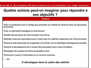 Chapitre 4 : Encourager l’épanouissement de la population et le vivre ensemble   Quelles actions peut-on imaginer pour répondre à ses objectifs ?   Créer un partenariat avec le collège pour permettre aux enfants de continuer dans une dynamique d’éco-école. Créer un petit jardin biologique au multi-accueil. Installer des panneaux de communication hors bourg. Mobiliser toutes les associations pour investir dans du matériels respectueux de l’environnement. Préserver cette dynamique de coopération et l’orienter vers la thématique développement durable. Soutenir le développement de la maison des associations pour mieux les fédérer. Développer des espaces de loisirs accessibles à tous.  Promouvoir l’accès à l’information sur la vie de la commune. …  etc.. A développer dans le cadre des ateliers Actions 