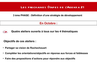 Les prochaines étapes de l’Agenda 21  3 ème PHASE :  Définition d'une stratégie de développement  durable Quatre ateliers ouverts à tous sur les 4 thématiques  Objectifs de ces ateliers :  Partager sa vision de Rochechouart  Compléter les orientations/objectifs en réponse aux forces et faiblesses  Faire des propositions d’actions pour répondre aux objectifs  En Octobre : 