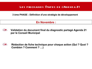 Les prochaines étapes de l’Agenda 21  3 ème PHASE :  Définition d'une stratégie de développement  durable Validation du document final du diagnostic partagé Agenda 21 par le Conseil Municipal En Novembre : Rédaction de fiche technique pour chaque action (Qui ? Quoi ? Combien ? Comment ? …) 