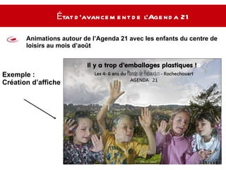 État d’avancement de l’Agenda 21   Animations autour de l’Agenda 21 avec les enfants du centre de loisirs au mois d’août Exemple :  Création d’affiche  