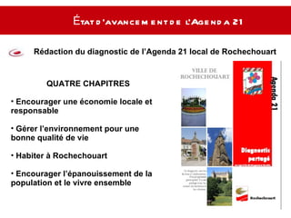 État d’avancement de l’Agenda 21   Rédaction du diagnostic de l’Agenda 21 local de Rochechouart  QUATRE CHAPITRES Encourager une économie locale et responsable  Gérer l’environnement pour une bonne qualité de vie  Habiter à Rochechouart Encourager l’épanouissement de la population et le vivre ensemble 