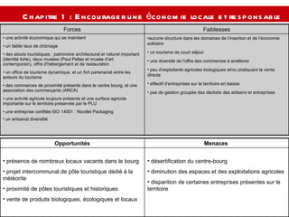 Chapitre 1 : Encourager une économie locale et responsable   aucune structure dans les domaines de l’insertion et de l’économie solidaire  un tourisme de court séjour une diversité de l'offre des commerces à améliorer  peu d’exploitants agricoles biologiques et/ou pratiquant la vente directe effectif d’entreprises sur le territoire en baisse  pas de gestion groupée des déchets des artisans et entreprises une activité économique qui se maintient  un faible taux de chômage  des atouts touristiques : patrimoine architectural et naturel important (identité forte), deux musées (Paul Pellas et musée d’art contemporain), offre d’hébergement et de restauration un office de tourisme dynamique, et un fort partenariat entre les acteurs du tourisme  des commerces de proximité présents dans le centre bourg, et une association des commerçants (ARCA) une activité agricole toujours présente et une surface agricole importante sur le territoire préservée par le PLU une entreprise certifiée ISO 14001 : Nicollet Packaging  un artisanat diversifié   Faiblesses Forces désertification du centre-bourg  diminution des espaces et des exploitations agricoles  disparition de certaines entreprises présentes sur le territoire  présence de nombreux locaux vacants dans le bourg projet intercommunal de pôle touristique dédié à la météorite  proximité de pôles touristiques et historiques vente de produits biologiques, écologiques et locaux Menaces  Opportunités 