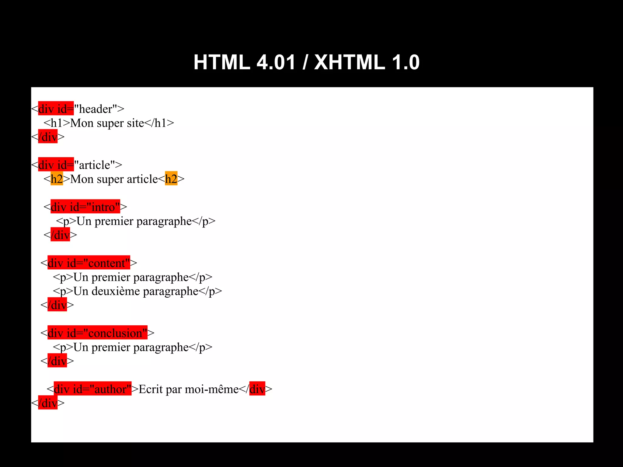 HTML 4.01 / XHTML 1.0

<div id="header">
  <h1>Mon super site</h1>
</div>

<div id="article">
  <h2>Mon super article<h2>

  <div id="intro">
    <p>Un premier paragraphe</p>
  </div>

 <div id="content">
   <p>Un premier paragraphe</p>
   <p>Un deuxième paragraphe</p>
 </div>

 <div id="conclusion">
   <p>Un premier paragraphe</p>
 </div>

   <div id="author">Ecrit par moi-même</div>
</div>
 